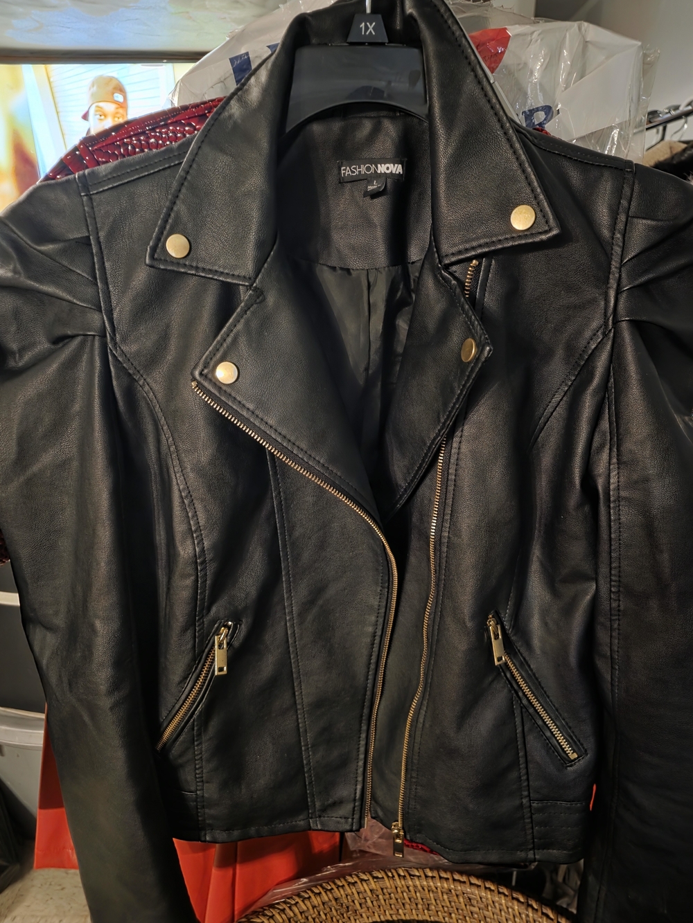 Fashion Nova Black Faux Leather Moto Jacket with Gold Hardware
